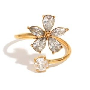 18K Gold Plated Flower Open Ring Stainless Steel Cubic Zirconia Floral Bypass